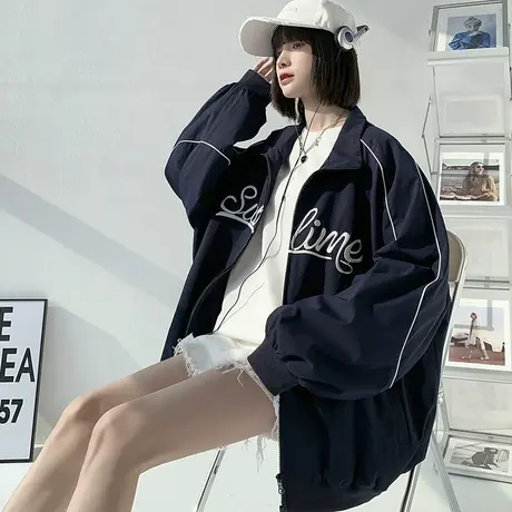 唐狮棒球服外套女装新款春秋学院风黑色夹克宽松休闲百搭上衣美式图片