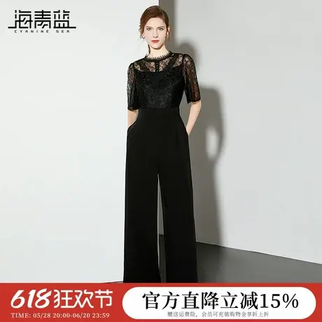 海青蓝2024新款气质女人味蕾丝荷叶袖拼接高腰显瘦连体阔腿裤长裤图片