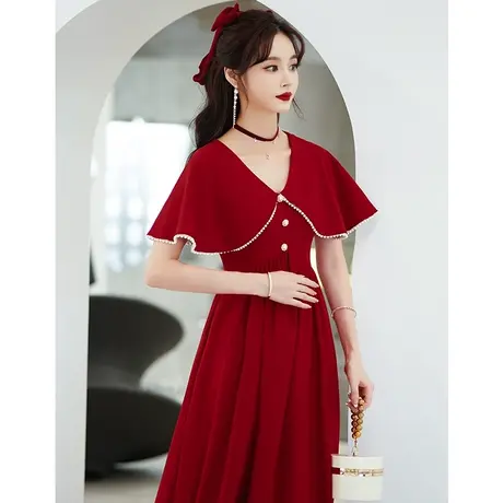 孕妇敬酒服新娘2024新款春秋季高腰遮肚子结婚回门礼服酒红色V领图片