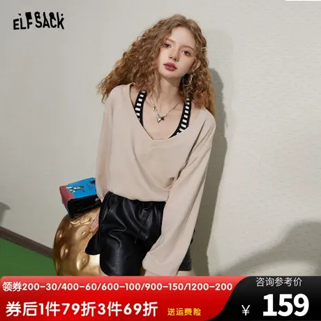 妖精的口袋假两件套头卫衣女2023秋季新款v领无帽薄款长袖上衣潮图片