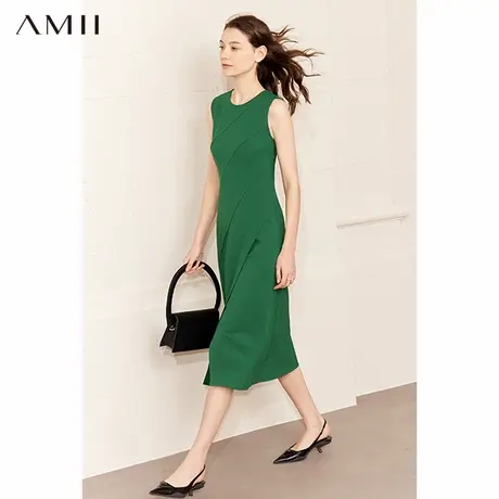 Amii2025夏新款无袖背心连衣裙修身小黑裙开衩中长款裙子女A字裙图片