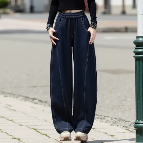丹宁蓝休闲裤女2025新款镰刀裤直筒阔腿裤小个子香蕉裤西装裤垂感图片