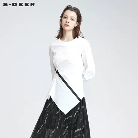sdeer圣迪奥2022春季新款休闲圆领抽褶印花不规则衬衫女S22180522图片