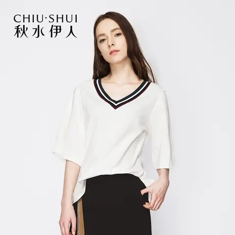 秋水伊人2019夏装新品简约宽松显瘦开叉T恤V领七分袖上衣女I18图片