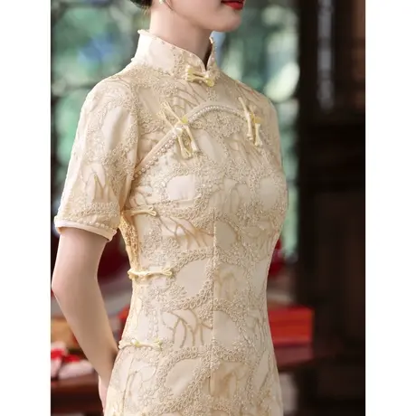 香槟色旗袍敬酒服2024新款新娘高级感订婚礼服女夏季蕾丝连衣裙图片