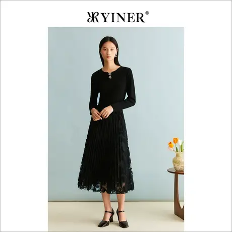 YINER音儿女装冬季含绵羊毛拼接镂空压褶针织连衣裙图片