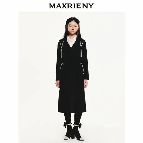 【奥莱】MAXRIENY复古H型尖领毛呢大衣外套女通勤风衣女图片