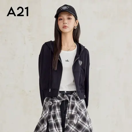 A21女装针织合体连帽落肩开襟卫衣外套运动休闲户外图片