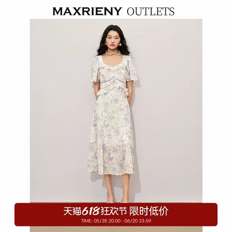 【奥莱】MAXRIENY浪漫度假风连衣裙复古方领长裙晕染雪纺印花图片