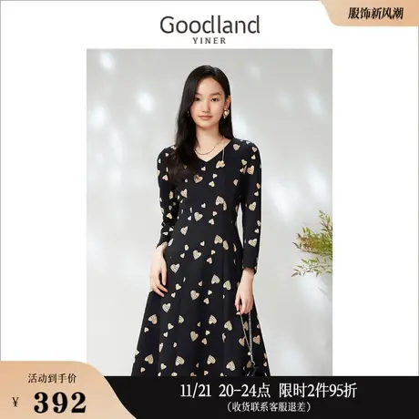 Goodland美地女装2023春季爱心印花设计感气质V领连衣裙图片