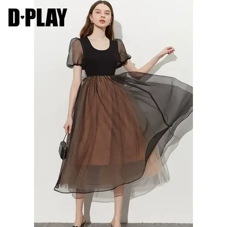 DPLAY秋夏新赫本风经典黑U型领针梭相拼大摆蓬蓬裙连衣裙图片
