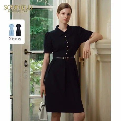 Scofield女装气质翻领复古收腰通勤减龄喇叭连衣裙夏季裙子图片