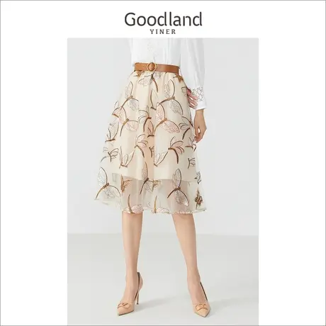 *Goodland美地女装秋季设计感印花雪纺中长款a字天丝半身裙图片