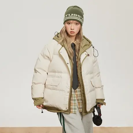 潮牌假两件连帽棉服女冬季外套2023年新款复古宽松保暖面包服棉衣图片