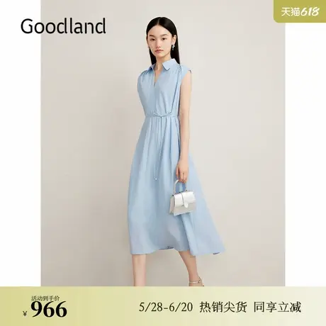 Goodland美地夏季法式优雅海鸥领系带收腰连衣裙图片