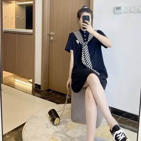 polo领连衣裙大码宽松显瘦胖mm遮肚裙子炸街休闲黑色韩式夏款气质图片