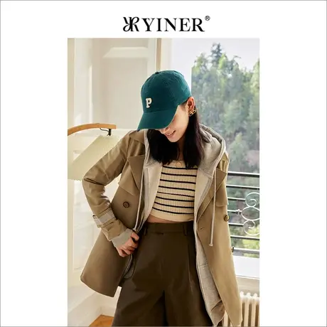 YINER音儿女装2022春季新款蝴蝶腰带双排扣西装领风衣图片