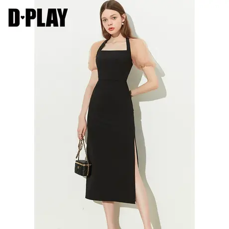 DPLAY夏法式复古经典黑美背方领撞色网纱拼接侧开衩连衣裙图片