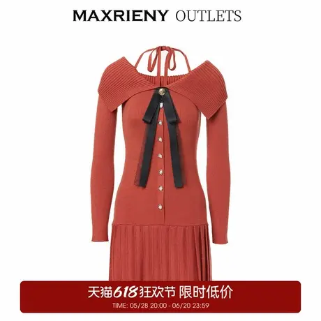 【奥莱】MAXRIENY甜美复古感翻领蝴蝶结毛织连衣裙裙子图片