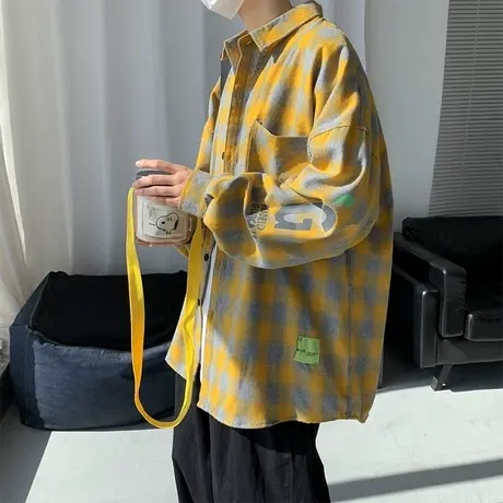 格子长袖衬衫男秋季新款oversize情侣装潮流长袖翻领休闲衬衣外套图片