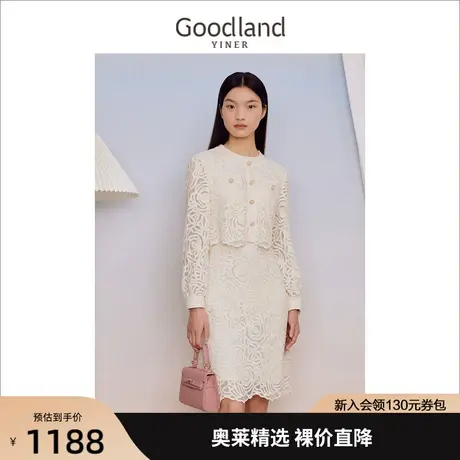 音儿美地女装2023秋季新款法式镂空蕾丝圆领网纱优雅连衣裙图片