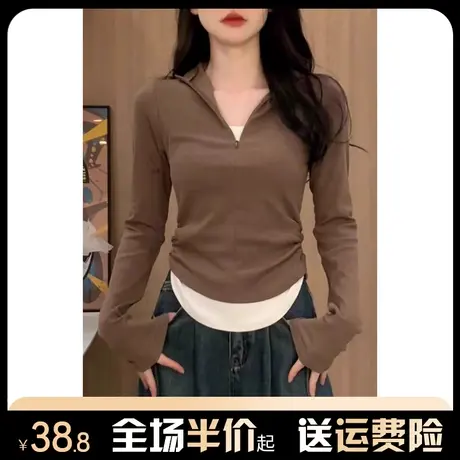 半拉链假两件长袖t恤女2024新款春秋季修身半高领打底衫正肩上衣图片