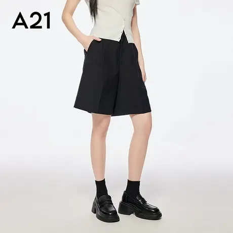 A21女装黑色松紧腰休闲裤简约褶皱中裤宽松阔腿短裤宽松显瘦百搭图片