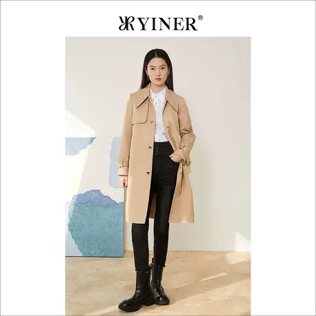 YINER音儿女装2022春季新款气质中长款单排扣风衣图片