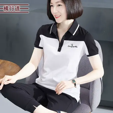 翻领绣花拼色短袖T恤2023新款夏装POLO领纯色半袖简约女衣工作服图片