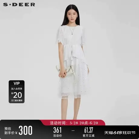 sdeer圣迪奥女装休闲圆领收腰网纱泡泡袖连衣裙S232Z1235图片