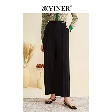 YINER音儿专柜女装2022秋季新款黑色高腰垂感阔腿休闲裤图片
