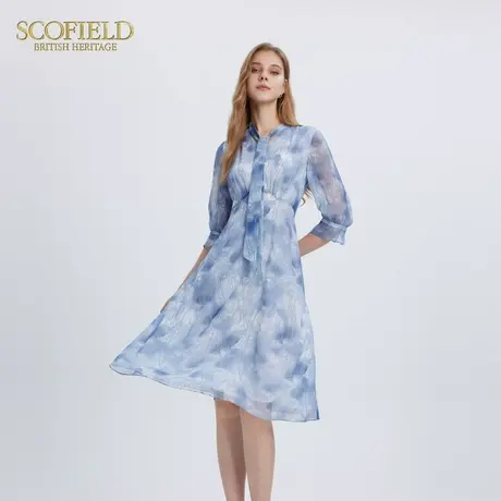 Scofield女装时尚飘带领水墨链条印花收腰连衣裙秋季裙子图片