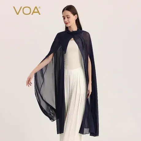 VOA真丝乔其黛蓝色暗扣不对称设计荷叶边披肩斗篷式桑蚕丝外套图片
