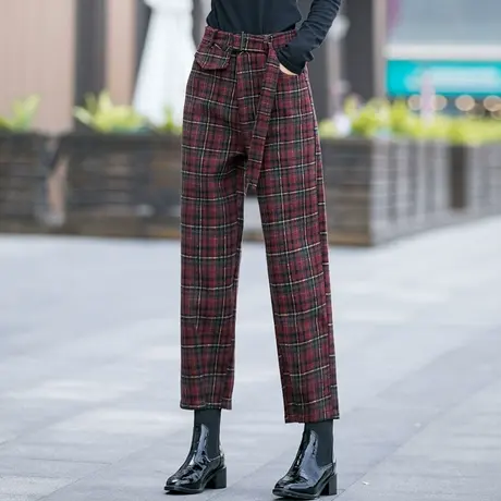 毛呢裤子女秋冬阔腿裤2023新款宽松直筒裤哈伦休闲裤女羊毛格子裤图片