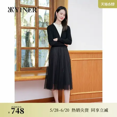 【新中式】YINER音儿专选2025春季新款网纱针织撞色假两件连衣裙图片