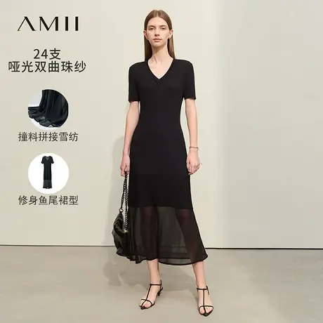 Amii2025夏新款V领撞料拼雪纺短袖连衣裙女针织裙鱼尾裙小黑裙图片