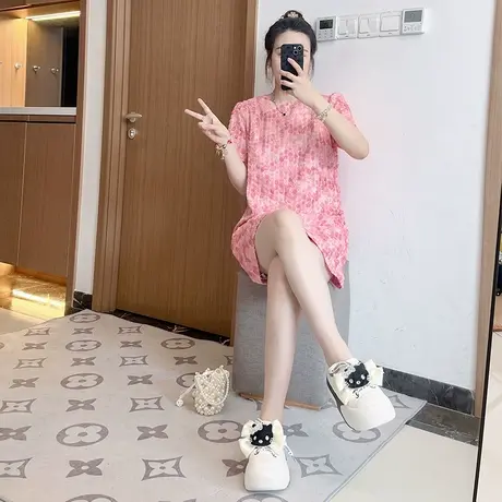 粉色2025年夏季新款裙子质感高级感立体提花洋气连衣裙女大码胖mm图片