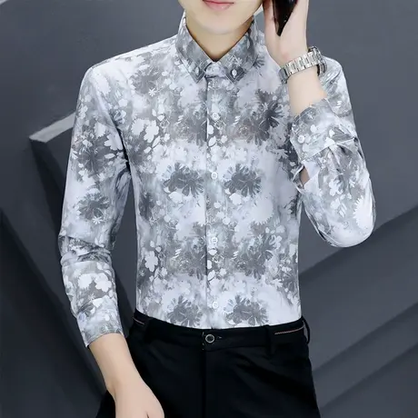2023新款长袖潮流印花衬衫男士修身碎花休闲衬衣潮牌痞帅上衣男装图片