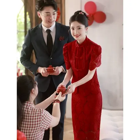 红色蕾丝旗袍敬酒服2024新款新娘高级感回门服订婚礼服连衣裙修身图片
