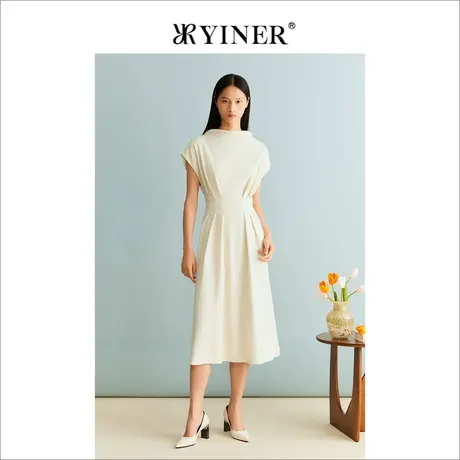 YINER音儿冬季女装含绵羊毛无束立领收褶收腰连衣裙图片