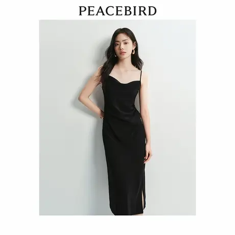 太平鸟女装黑色荡领吊带连衣裙夏季新款气质小黑裙法式无袖长裙图片