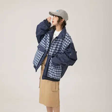 潮牌拼接格子棉服女2023年新款加厚冬季外套复古宽松oversize棉衣图片