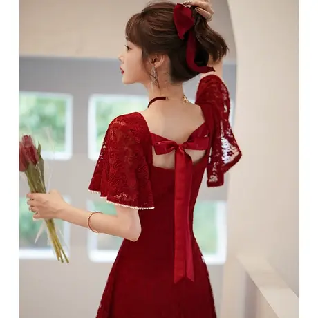 敬酒服新娘酒红色平时可穿夏季结婚订婚连衣裙回门小晚礼服女蕾丝图片