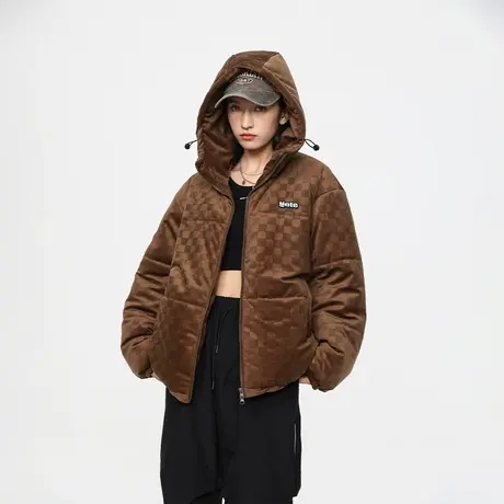 设计感格子连帽棉服女冬季加厚外套2023年新款复古宽松面包服棉衣图片