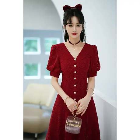 敬酒服新娘酒红色高级感结婚订婚回门小礼服连衣裙法式蕾丝中长款图片