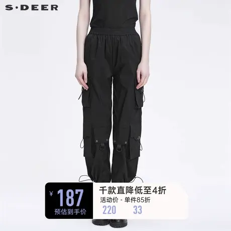 sdeer圣迪奥春装松紧立体工装阔腿黑色长裤女S22180806商品大图
