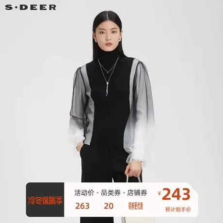 sdeer圣迪奥女装高领撞色晕染网纱灯笼袖针织衫S223Z3586图片