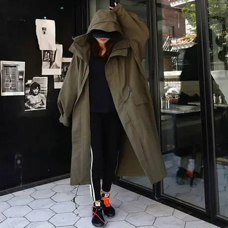 春秋新款外套风衣女中长款韩版宽松大码休闲工装潮bf连帽时尚上衣图片