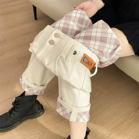 米白色高腰牛仔裤女秋冬2023新款加绒加厚直筒显瘦九分哈伦萝卜裤图片