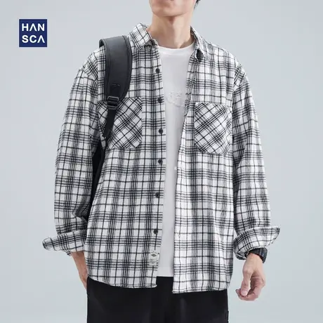 hansca春季衬衫男长袖纯棉休闲日系大码宽松翻领潮流格纹衬衣外套图片
